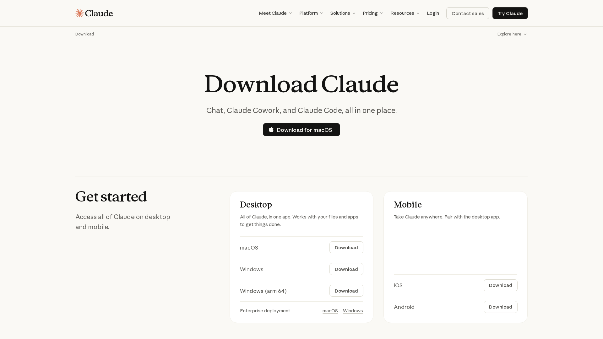 📷 캡쳐 — claude.ai/download 페이지 풀화면. 가운데 "Download for Mac/Windows" 큰 버튼 강조.