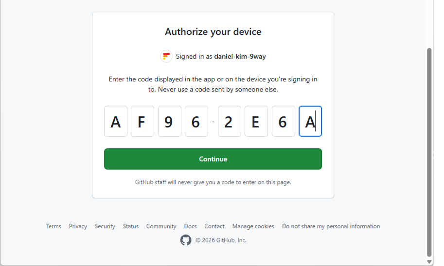 📷 캡쳐 — GitHub "Authorize your device" 화면. 8자리 코드를 넣고 Continue.