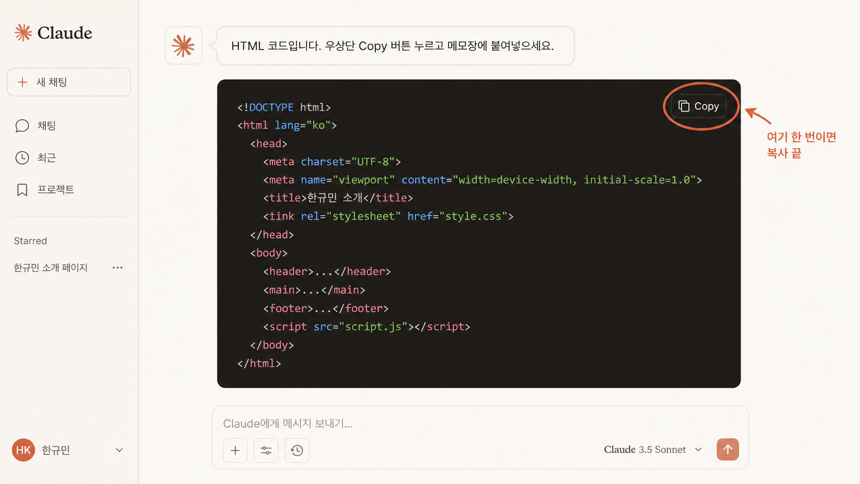 📷 캡쳐 — 스킬이 HTML 코드를 출력한 화면. 코드 블록 + "Copy" 버튼 강조.