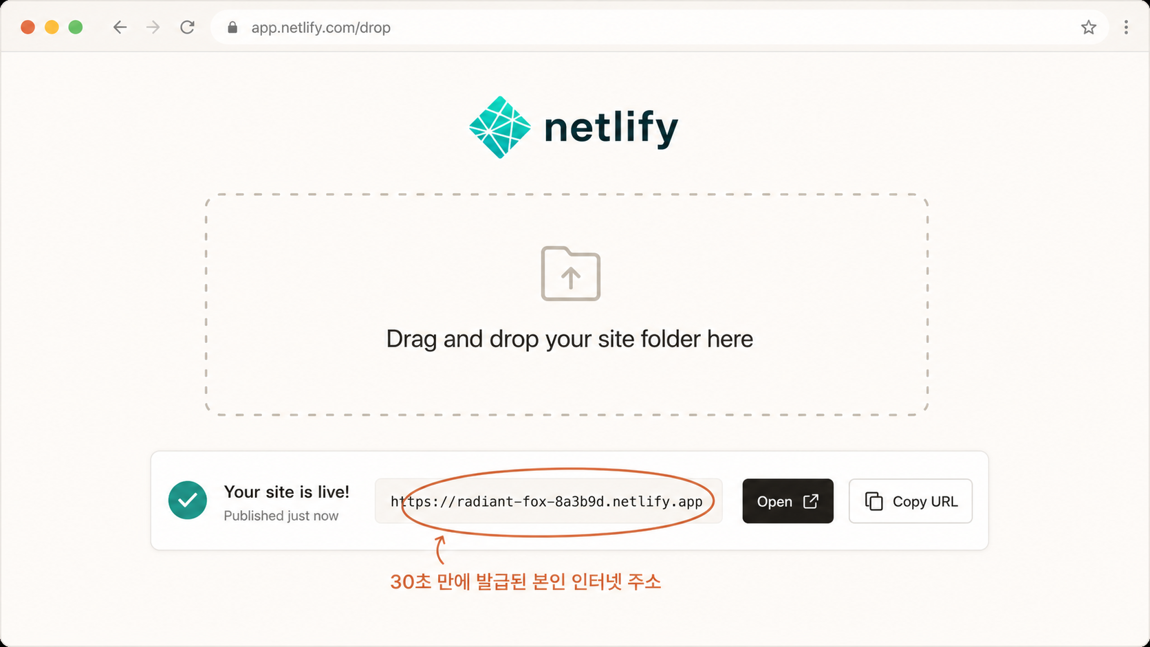 📷 캡쳐 — Netlify Drop 페이지 + 폴더 드래그 + URL 발급된 화면.