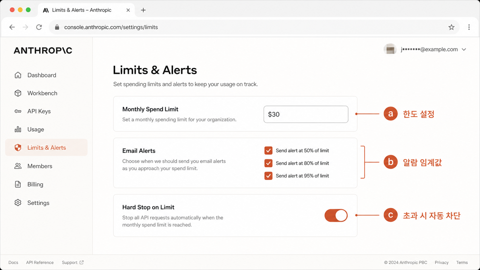📷 캡쳐 — Anthropic Console → Settings → Limits 페이지. Monthly Spend Limit + Email Alert 설정 화면.